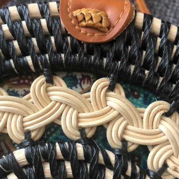 Rattan straw bag purse black cream faux leather - Picture 4 of 7